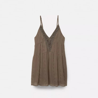 Sexy Backless Sequin Dress Women V-neck Sleeveless Loose Sling Female Mini Dresses 2025 Summer Chic Street Party Beach Lady Robe