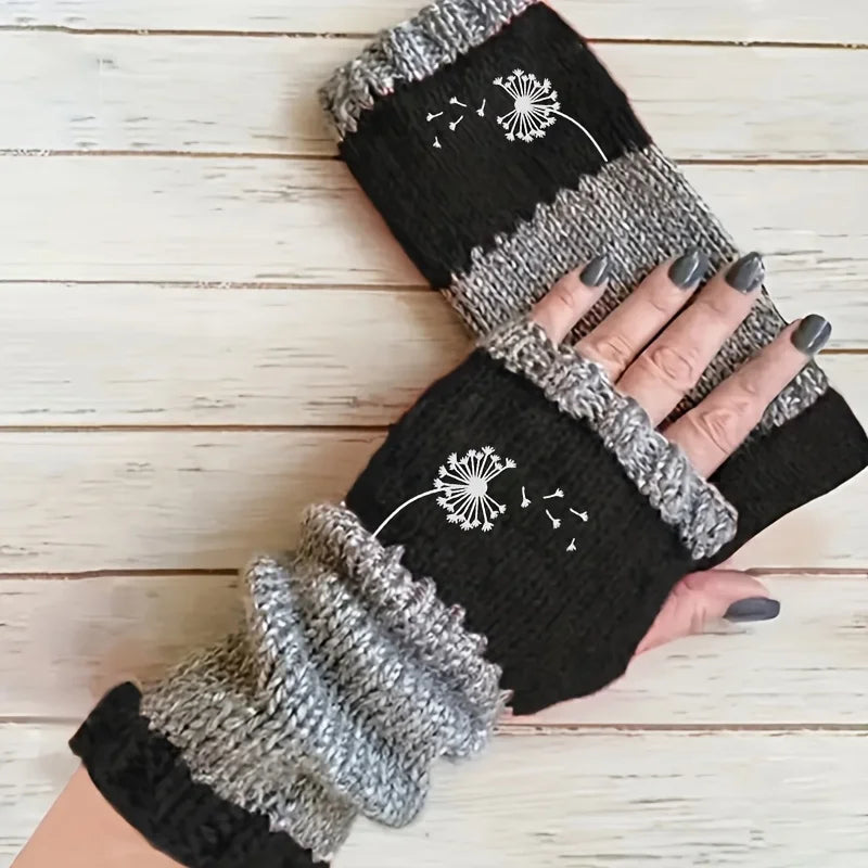 Winter gloves, dandelion embroidered mitten gloves, retro outdoor-style fingerless gloves, women's warm gloves, thickened gloves