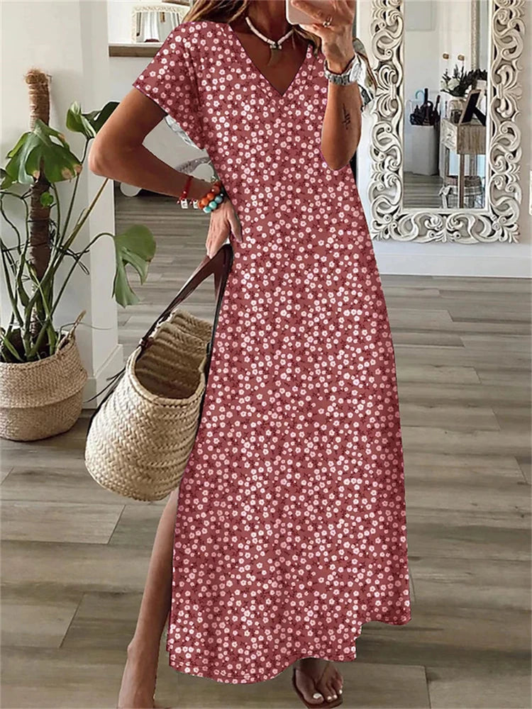 Simple Fashion Women's V-neck Dress Striped Print Women's Dress Summer Loose Comfortable Slit Women's Short-sleeved Dress
