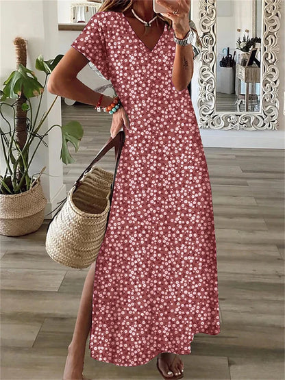 Simple Fashion Women's V-neck Dress Striped Print Women's Dress Summer Loose Comfortable Slit Women's Short-sleeved Dress