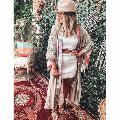 Happie Queens Vintage Peacock Floral Print  Women Bohemian V Neck Batwing Sleeves Ladies Boho Kimono Robe Cover-ups