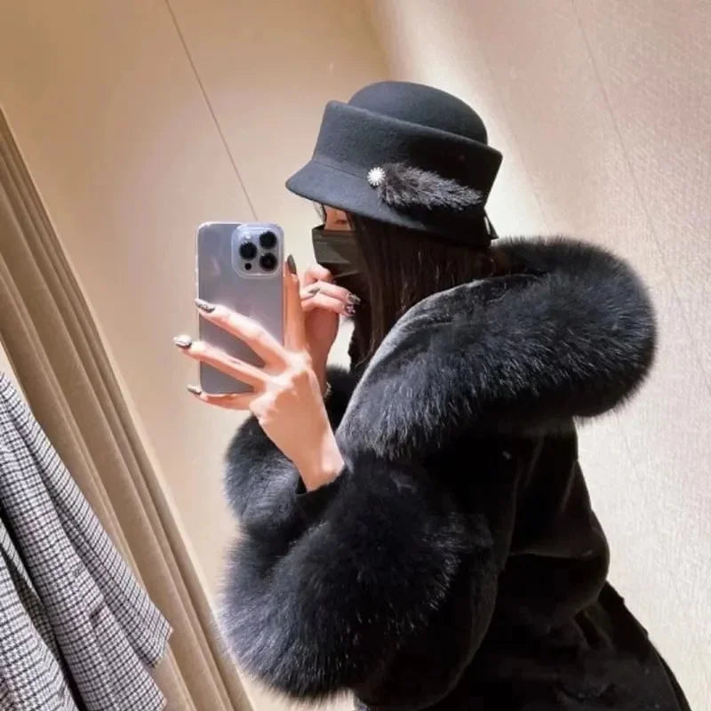 Winter New Environmentally Friendly Rabbit fur fur Coat Women Imitation fox fur Collar Hooded mid Length Fur Plush Mink fur Coat