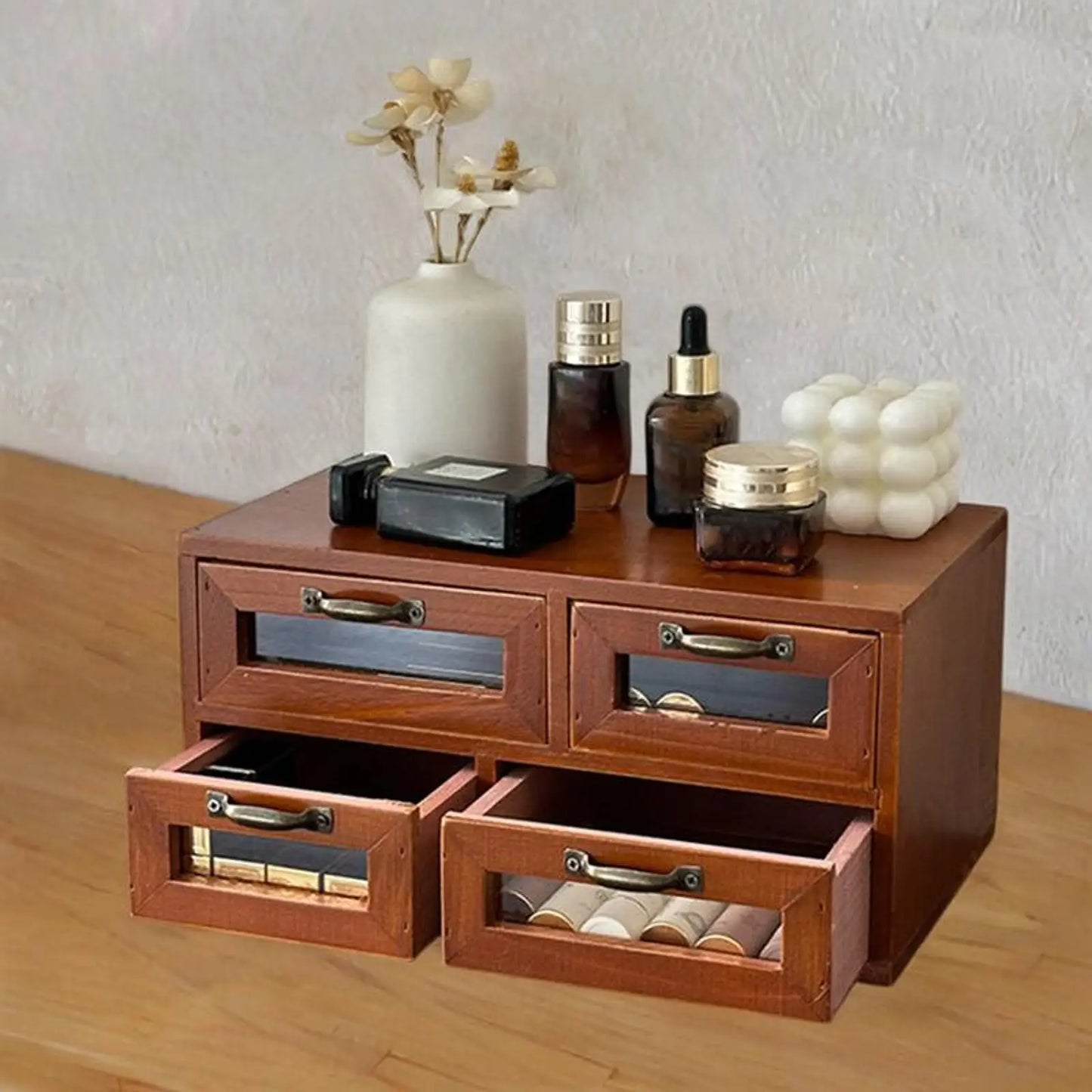 Desk Organizer Box with Drawers Wooden Desktop Organizer for Keys Cosmetics Jewelry and Office Supplies Drawer Cabinet