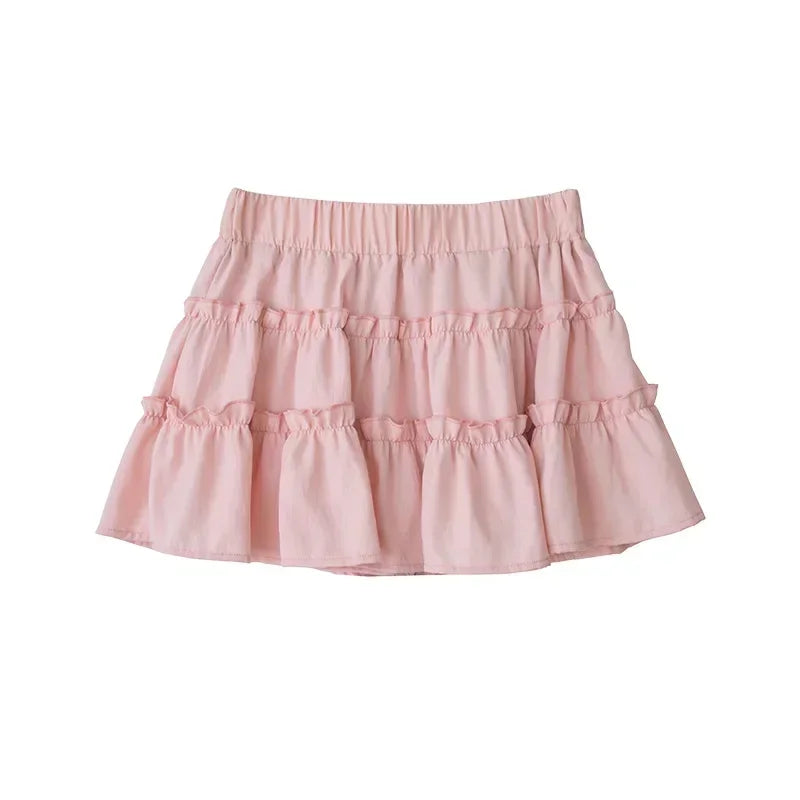 Elegant pink mini dress new summer thin style French ballet design cake skirt lace edge WOMEN'S JK skirt