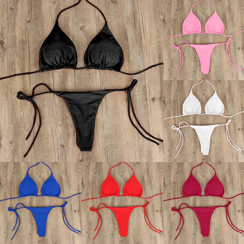 Tie Sexy Thong Bikini Set Side Swimsuit Bandage Style Swimwear Split Strap Adjustable Solid Color Female Summer Beach Bikini Set