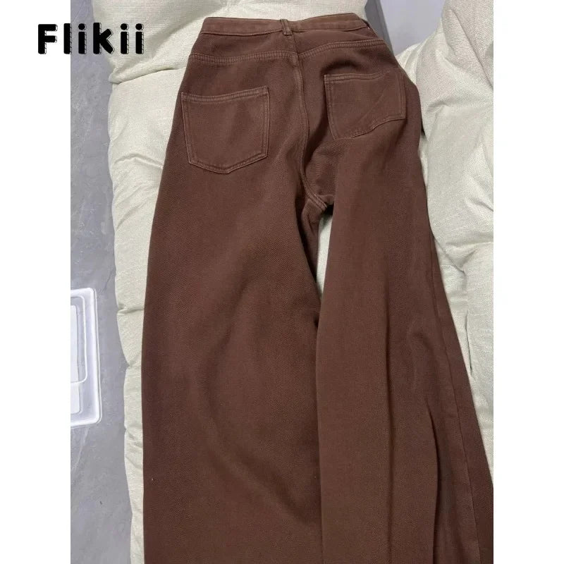 Women Casual Retro Wide Leg Fleece Thicken Denim Trouser Harajuku Loose Jeans 2025 Winter Solid High Waist Y2K 2000s Brown Pants