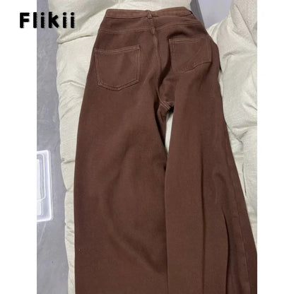 Women Casual Retro Wide Leg Fleece Thicken Denim Trouser Harajuku Loose Jeans 2025 Winter Solid High Waist Y2K 2000s Brown Pants