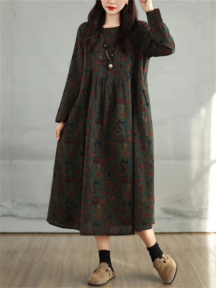 Cotton Vintage Print Floral Dresses 2025 Women Spring Autumn Casual Loose Long Sleeve Dress Femme Robe Vestidos Elegant Clothing