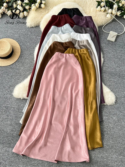 SINGREINY Senior Solid Satin Skirt Elastic Waist 2025 Newest Frence Elegant Women Fashion Basics Office Lady Skinny Midi Skirt