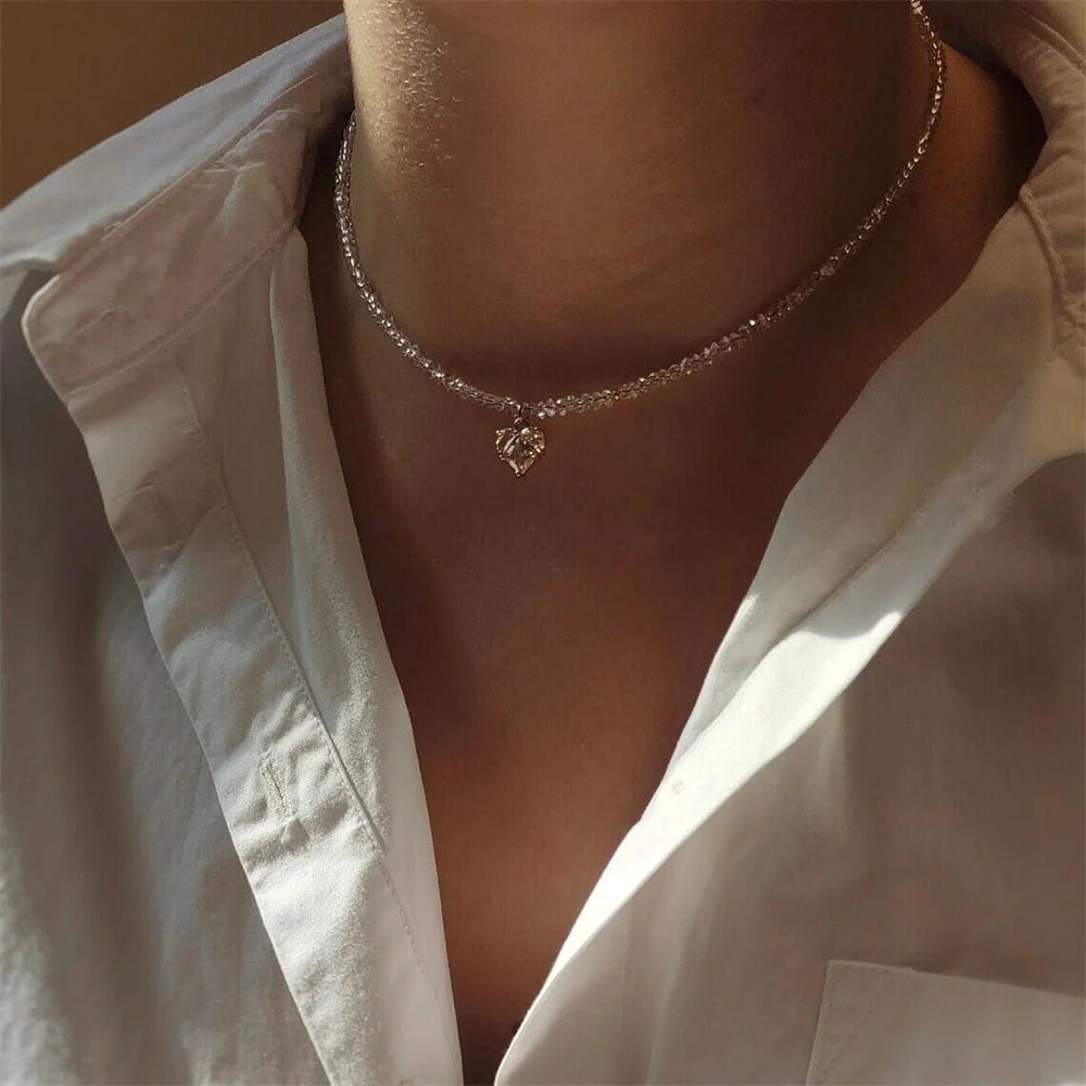 Collier pendentif cœur en zircon et pompons style vintage pour femme, style bohème géométrique baroque, chaîne en cristal transparent