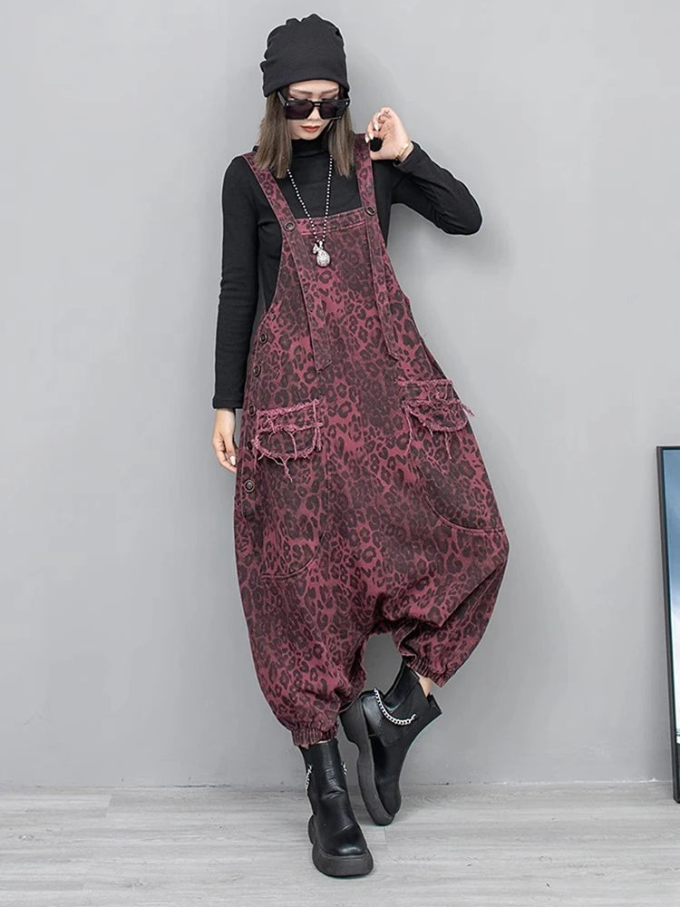 [EAM] High Waist Leopard Print Denim Pocket Big Size Overalls Wide Leg Jeans New Women Fashion Tide Spring Autumn 2026 1DH6428