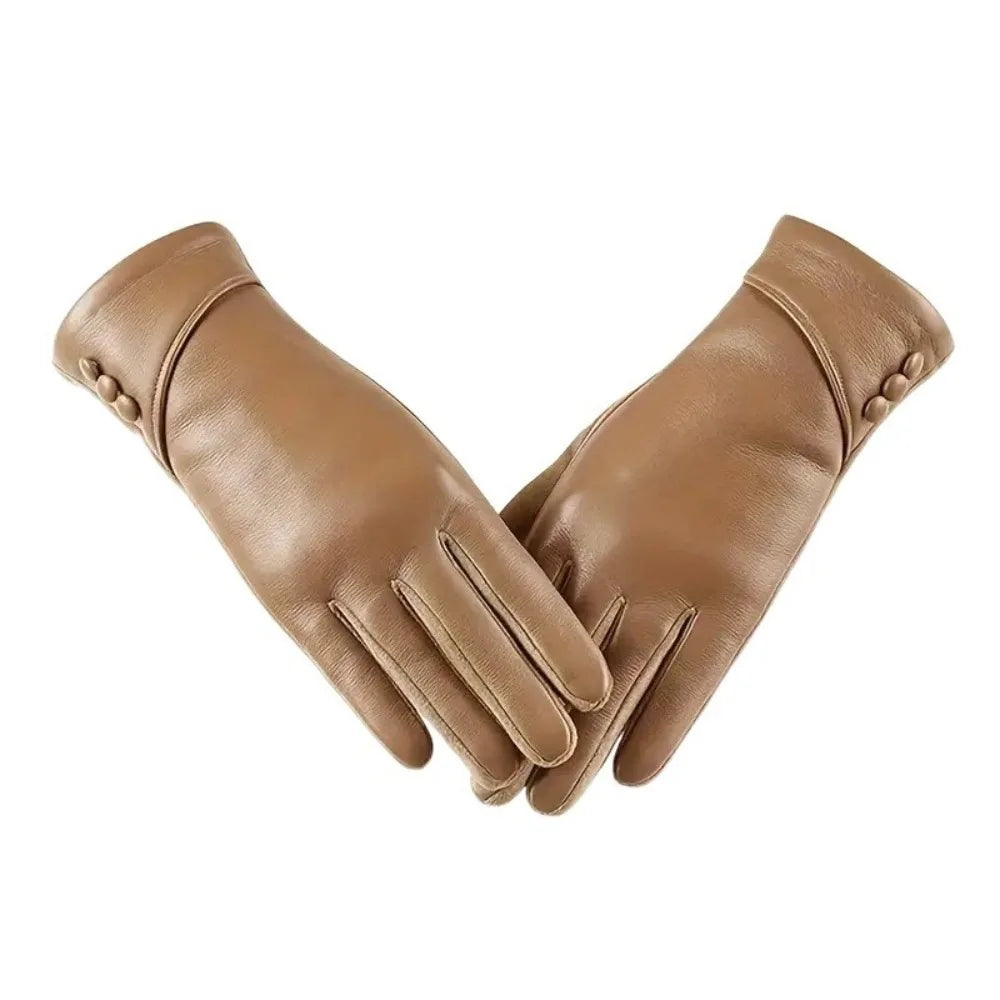 Simple Solid Color Full Finger Mittens Button Thickened Women Leather Gloves Windproof Keep Warm Touch Screen Gloves Outdooor
