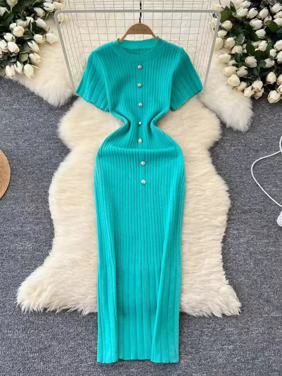 Chic O-neck Elegant Short Sleeve Slim Single Breasted Knit Dress High Street Women Vintage Korean Office Lady Casual Clothing
