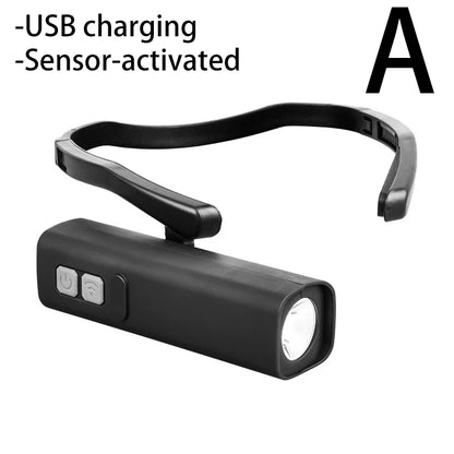 Side-mounted, ear-hook style headlamp with motion sensor; portable lightweight—ideal for outdoor night activities emergencies