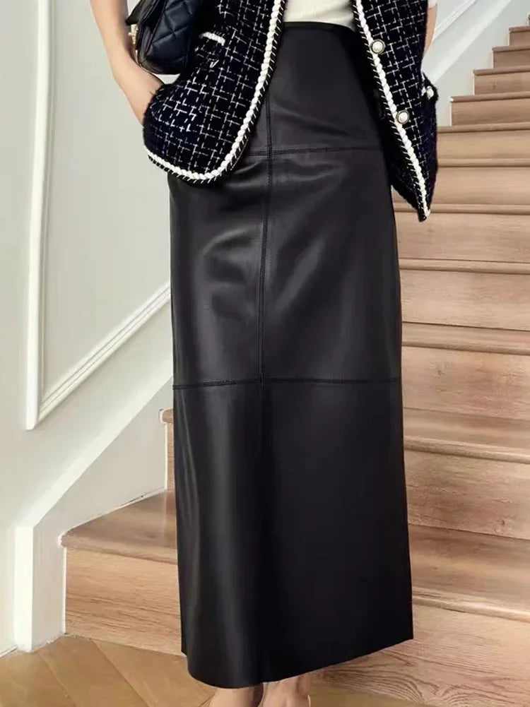 2025 Autumn/Winter Women Leather Maxi Skirt Feminino High End Vintage Back Split Wrapped Saias Slim Ankle Long Faldas Largas