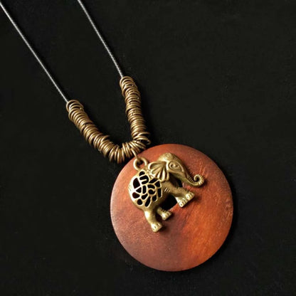 Retro Ethnic Round Wooden Leaf Owl Long Sweater Chain Necklace Women Vintage Clock Pendant Female Jewelry Neck Accessories Gifts
