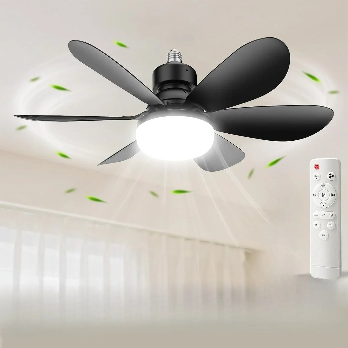 LED Socket Fan Light with Remote Small Ceiling Fan with Light, Cordless Light Socket Fan for Kitchen Bedroom Small Room