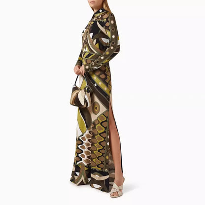 Summer 2025 Fashion Printed Tribal Style Dress With A Collar, Long Sleeves, Slit, And Body-hugging Design For Women.