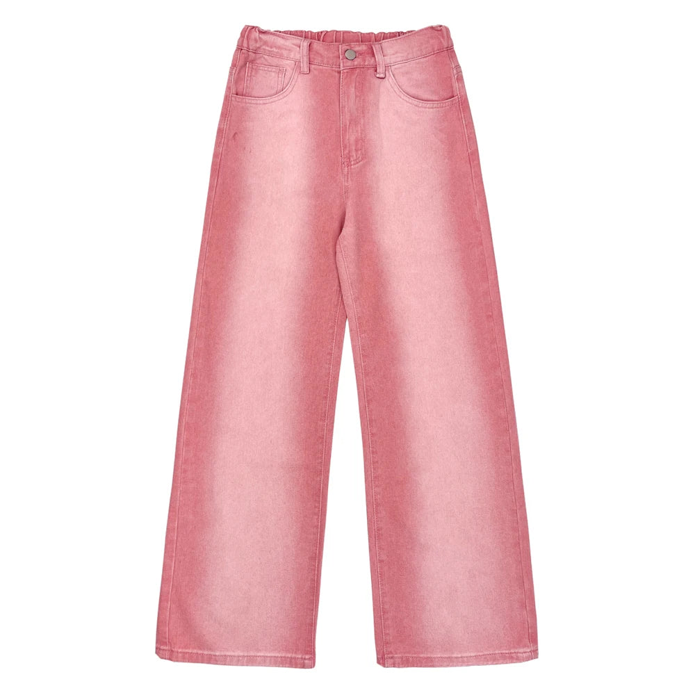 Street Pink Solid Gradient Washed Wide-Leg Jeans Mid-Rise Slant Pockets Suitable For Casual Everyday Streetwear All Season Match