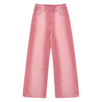 Street Pink Solid Gradient Washed Wide-Leg Jeans Mid-Rise Slant Pockets Suitable For Casual Everyday Streetwear All Season Match
