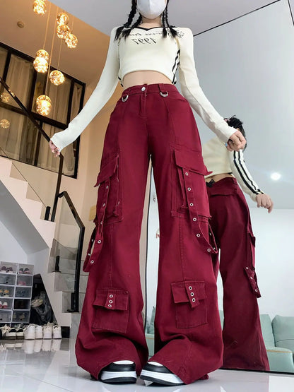 Retro Red Y2k Streetwear Cargo Jeans Women Harajuku 2000s Aesthetic Denim Trousers Fashion Casual Wide Leg Pants Pantalones