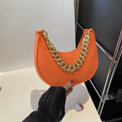 Fashion Women Felt Handbags Imitation Metal Chain Underarm Bag Retro Ladies Solid Color Shoulder Bag Trendy Casual Clutch Purse