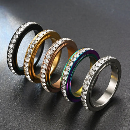 4MM Spinner Finger Rings For Women Crystal Rotatable Wedding Stainless Steel Ring Men Korean Anniversary Party Jewelry