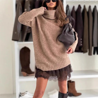 New Fashion Women's 2-piece Set  Autumn Winter Knitted Sweater+Lace Dress Loose Long Sleeve Solid color Turtleneck Pullover Top