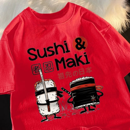 Theduc Sushi and Sushi Printing Men Women Tshirt Cotton T-Shirts Loose T Shirt Crewneck Loose Tops Fashion Clothes Unisex