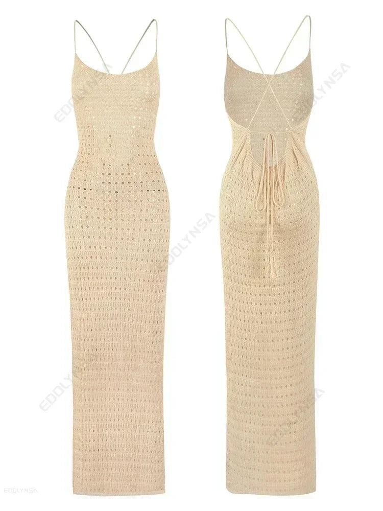 Sexy Knit Cut Out Tassel Spaghetti Strap Bodycon Beach Maxi Dress Summer Women's Holiday Club Party Outfit Swimsuit Cover Up K10
