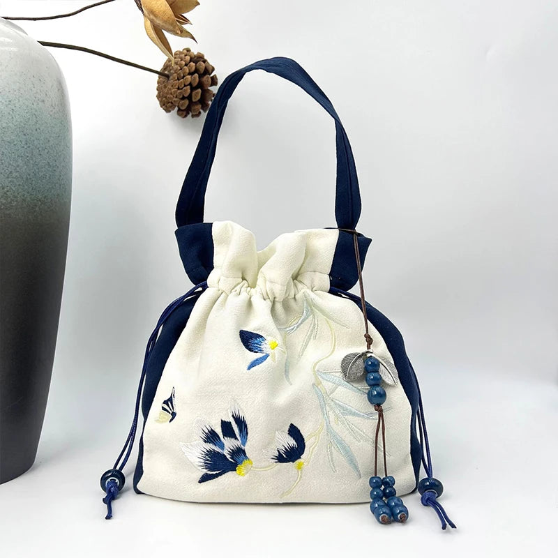 Chinese Style Retro Flower Embroidery Crossbody Top-handle Bags Women Shoulder Lace Drawstring Bucket Bag Coin Purses Handbags