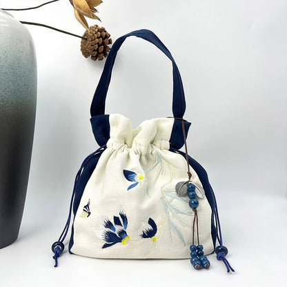 Chinese Style Retro Flower Embroidery Crossbody Top-handle Bags Women Shoulder Lace Drawstring Bucket Bag Coin Purses Handbags