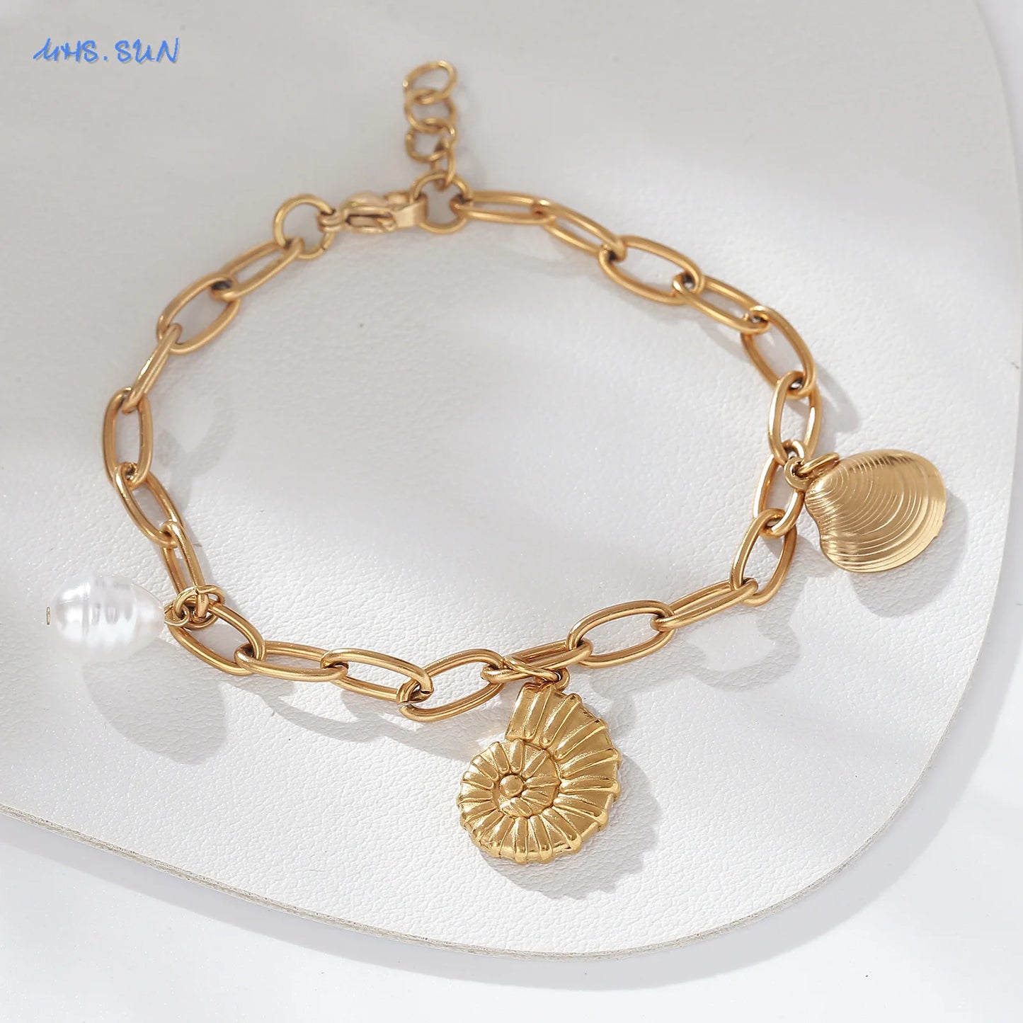 MHS.SUN Summer Starfish Conch Crab Charms Chain Bracelets Trendy Stainless Steel Ocean Style Beach Waterproof Jewelry For Women