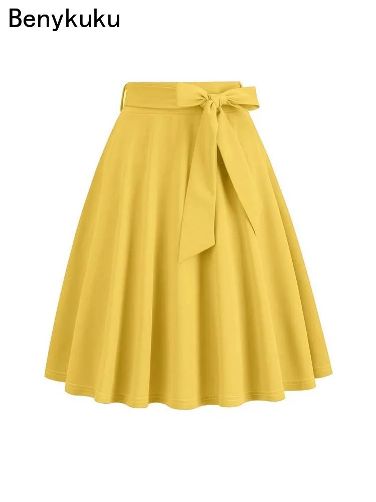 2025 Women Retro Vintage Midi Long Skirt Solid Elegant High Waist A Line Skater 50s Swing Skirts Ladies Workwear Falda Mujer