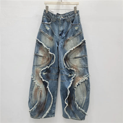 DEAT 2025 Autumn New Fashion Patchwork Burrs Cargo Denim Pants For Women High Waist Loose Wide-leg Jeans Female Trendy 11A06257