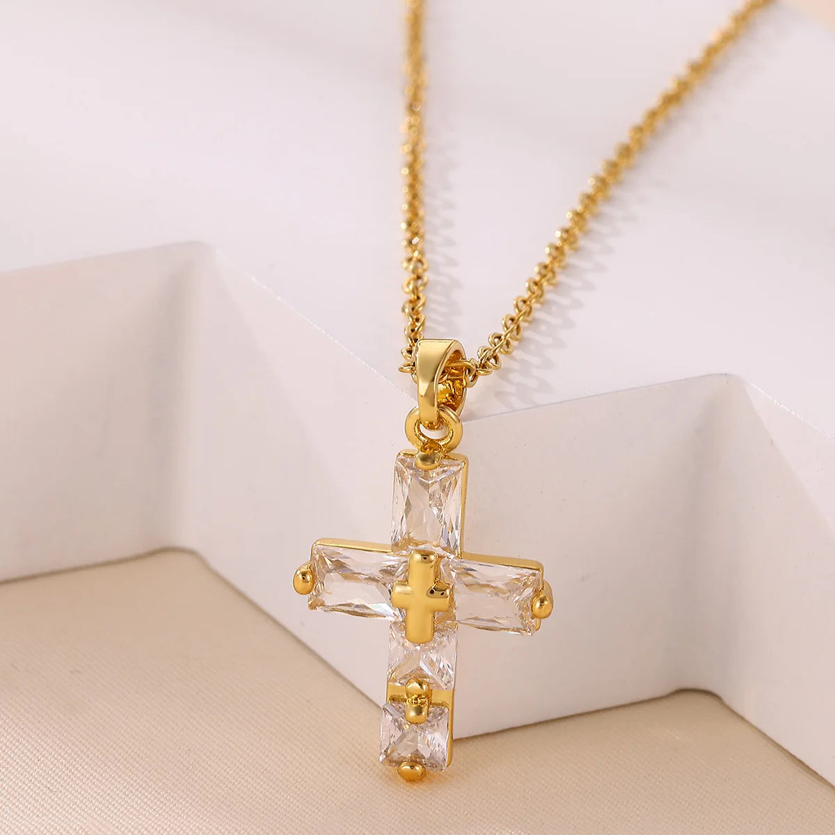 Lucky Cross CZ Cubic Zircon Necklace For Women Gold Color Stainless Steel Waterproof And Tarnish Resistant Jewelry Ramadan Gift