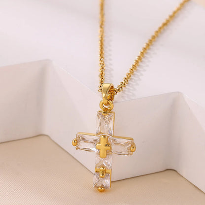 Lucky Cross CZ Cubic Zircon Necklace For Women Gold Color Stainless Steel Waterproof And Tarnish Resistant Jewelry Ramadan Gift