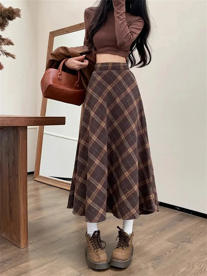 Tweed plaid high waist half-body skirt female fall and winter new retro loose big yards leisure long A-line half-body skirt