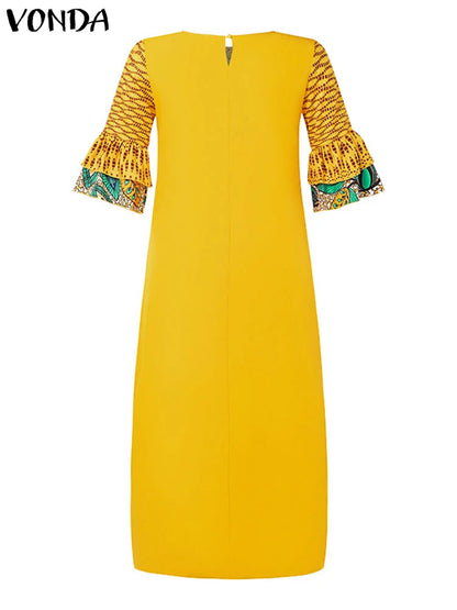 VONDA 2024 Fashion Women Elegant Maxi Dress Vintage Printed 3/4 Flare Sleeve Sundress Party Long Dress Casual Vestido Loose Robe