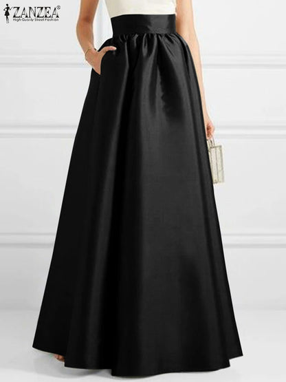 ZANZEA Summer Elegant High Waist Solid A-line Maxi Skirt Fashion Women Party Long Skirts Casual Jupe OL Work Satin Faldas Saia