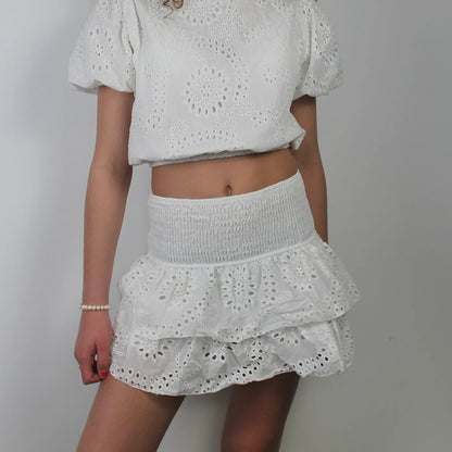 Women A-Line Pointelle High Waist Layered Ruffle Skirt Shirred Mini Skirt Summer Solid Color Sweet Skirts Black/White/Pink