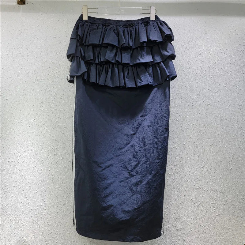 YEAE women's 2025 spring new temperament cake  splicing tooling one-step skirt medium and long skirt