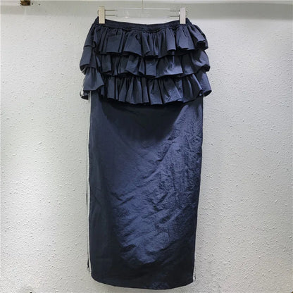 YEAE women's 2025 spring new temperament cake  splicing tooling one-step skirt medium and long skirt