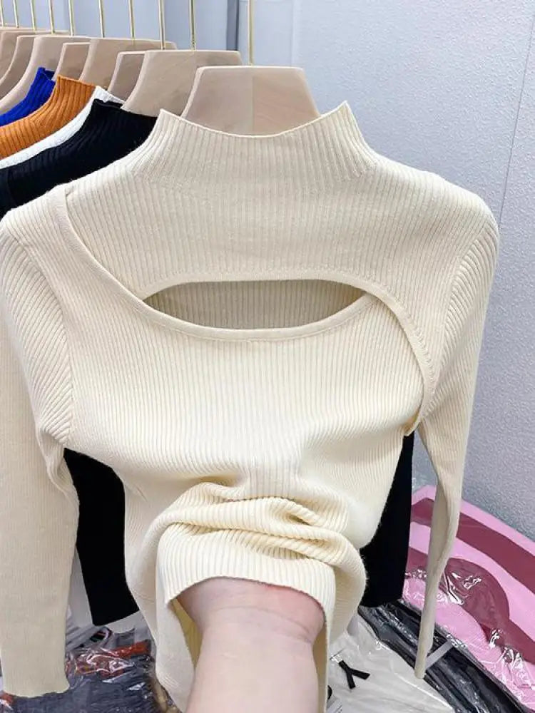 2025 Autumn Winter Sexy Hollow Out Women Sweaters Tops Slim Vintage Jumper Soft Warm Pull Female Casual Pullover Knitted Sweater