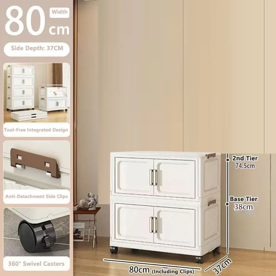 Folding Storage Cabinet with Drawers Home Organization Kitchen Bathroom Bedroom Multi-Functional Compact Closet Space Saver