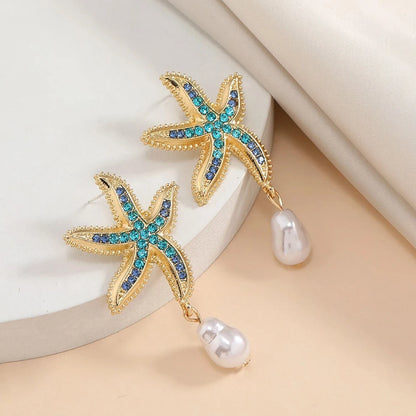 Starfish Earrings with Gold Main Body Inlaid with Blue Diamonds, Pearl Pendants Are Smart, Integrated Marine Elements, Fashionable and Versatile