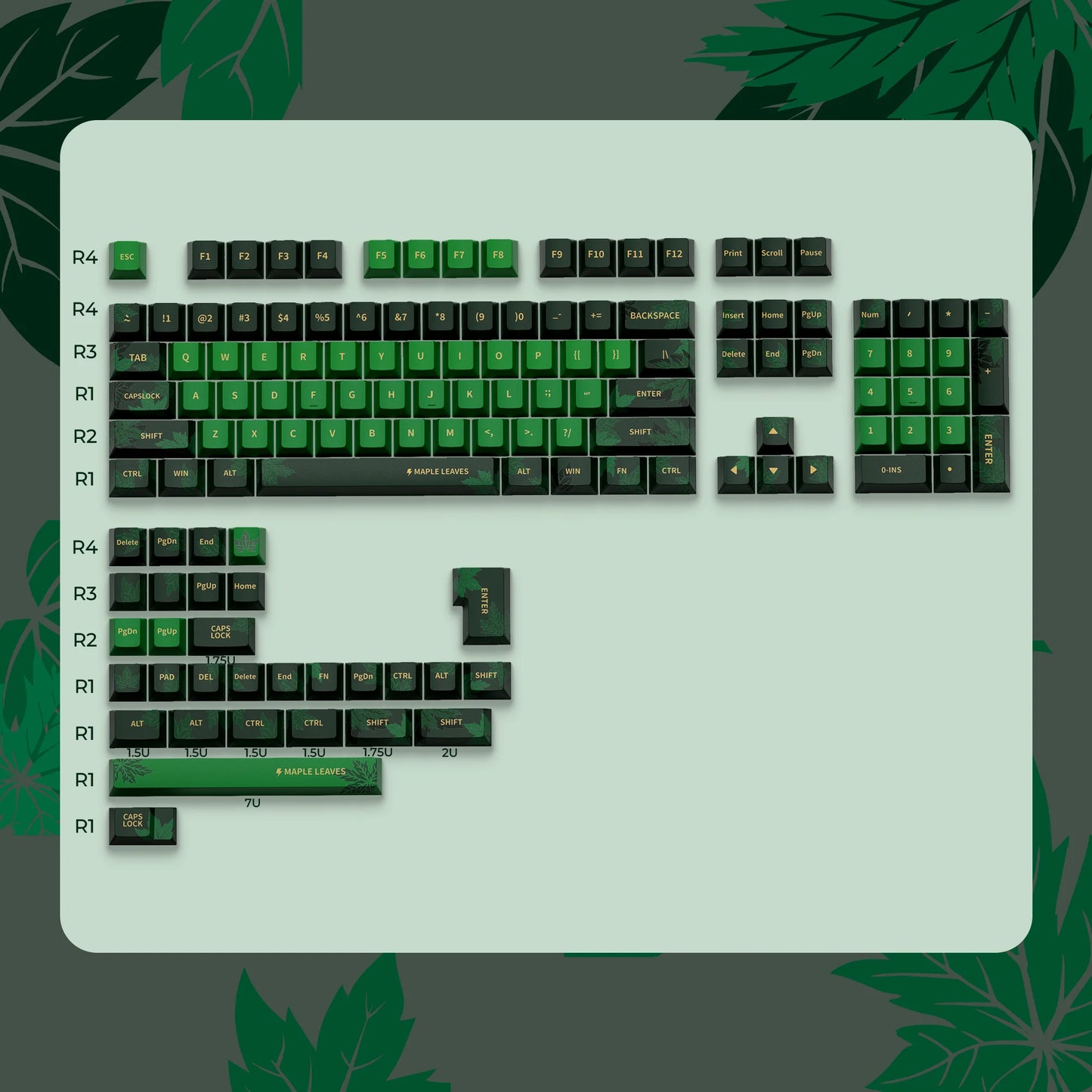 XVX Cherry Keycaps Green Maple Leaf Theme PBT Dye-sub Keycaps Double Shot Green Keycaps 134 Keys