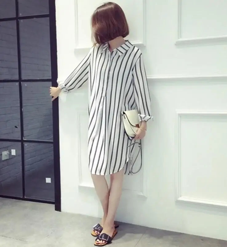 Long Sleeve Striped Printed Shirt Dress Female 2023 Simple All-match Turn-down Collar Fashion Chiffon Dresses Women's Clothing
