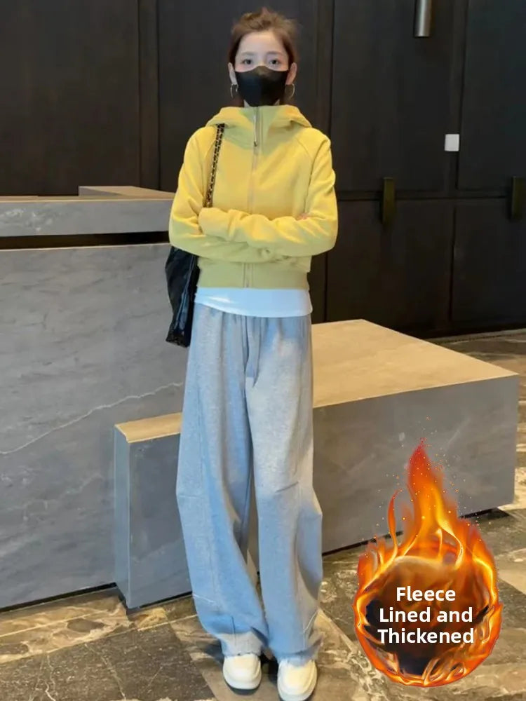 Korean Sle Winter New All-Match Hooded Zipper ort Sweatirt Jaet Thiened Fce Warm Casual Pants Set