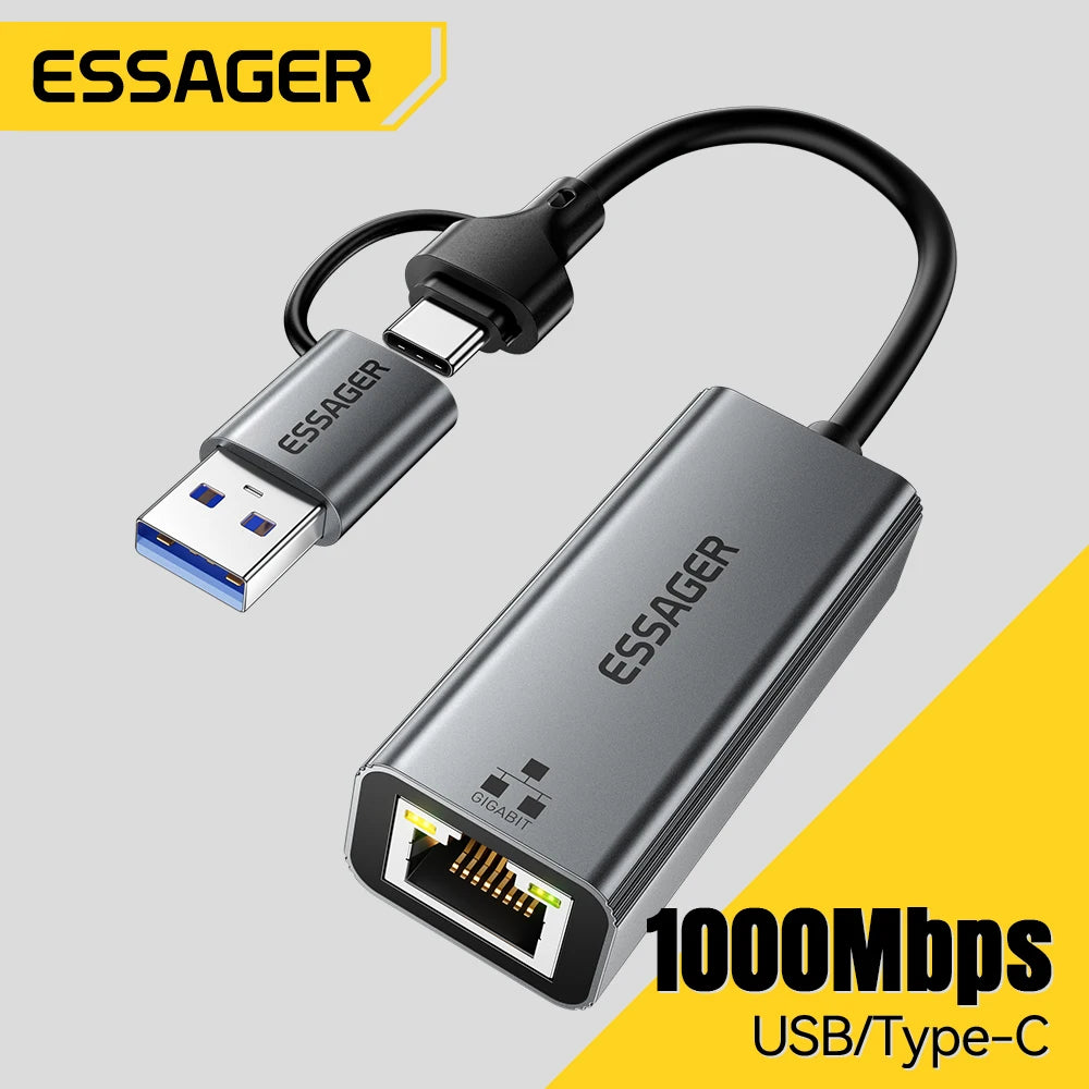 Essager 2-in-1 Ethernet Adapter USB-A/Type-C to RJ45 Network Card 1000Mbps Ethernet Gigabit Adapter Lan Card for MacBook Laptop